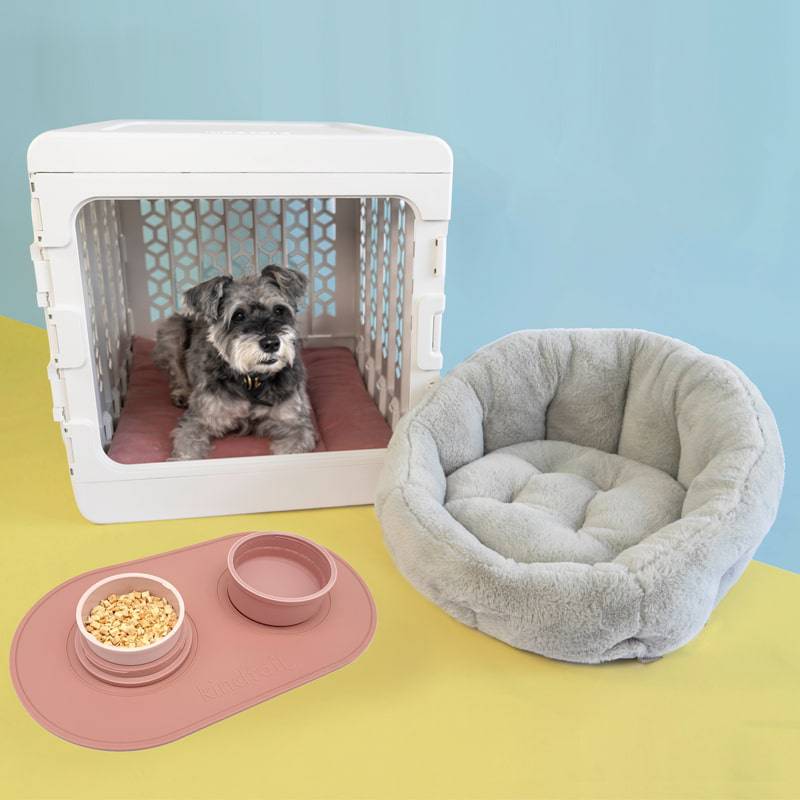 White crate with a pink mat with a grey dog inside, dog bed, pink dog bowl and silicone mat for the bowls.